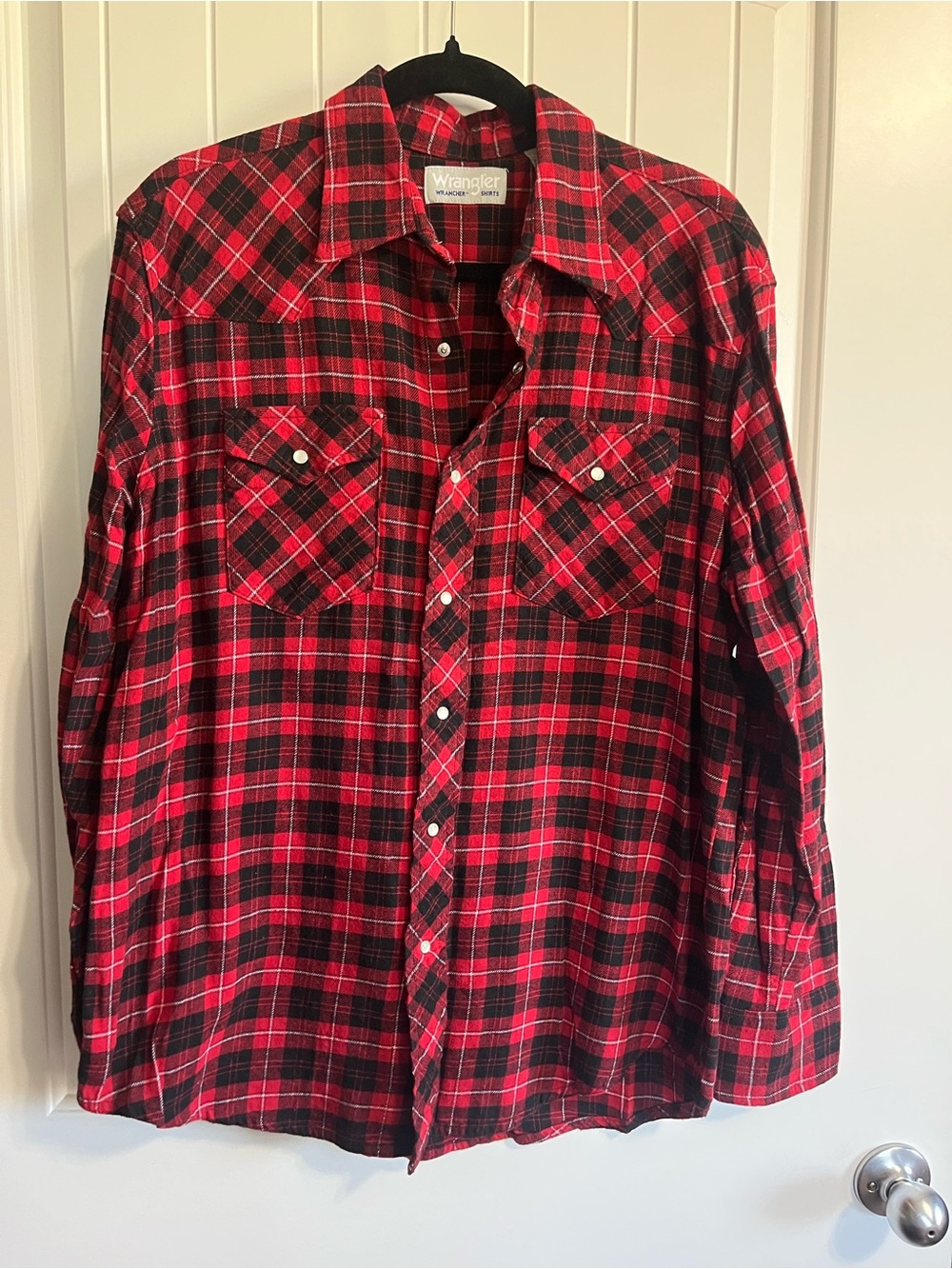 Wrangler Wrancher Flannel Shirt Red Plaid Pearl Snap Large 100% Cotton Western